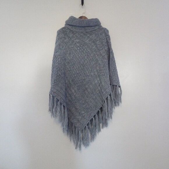 Olive‎ & Pique Grey Cable Knit Sweater Poncho Fringe Trim Mock Turtle Neck Cloak - Picture 1 of 10